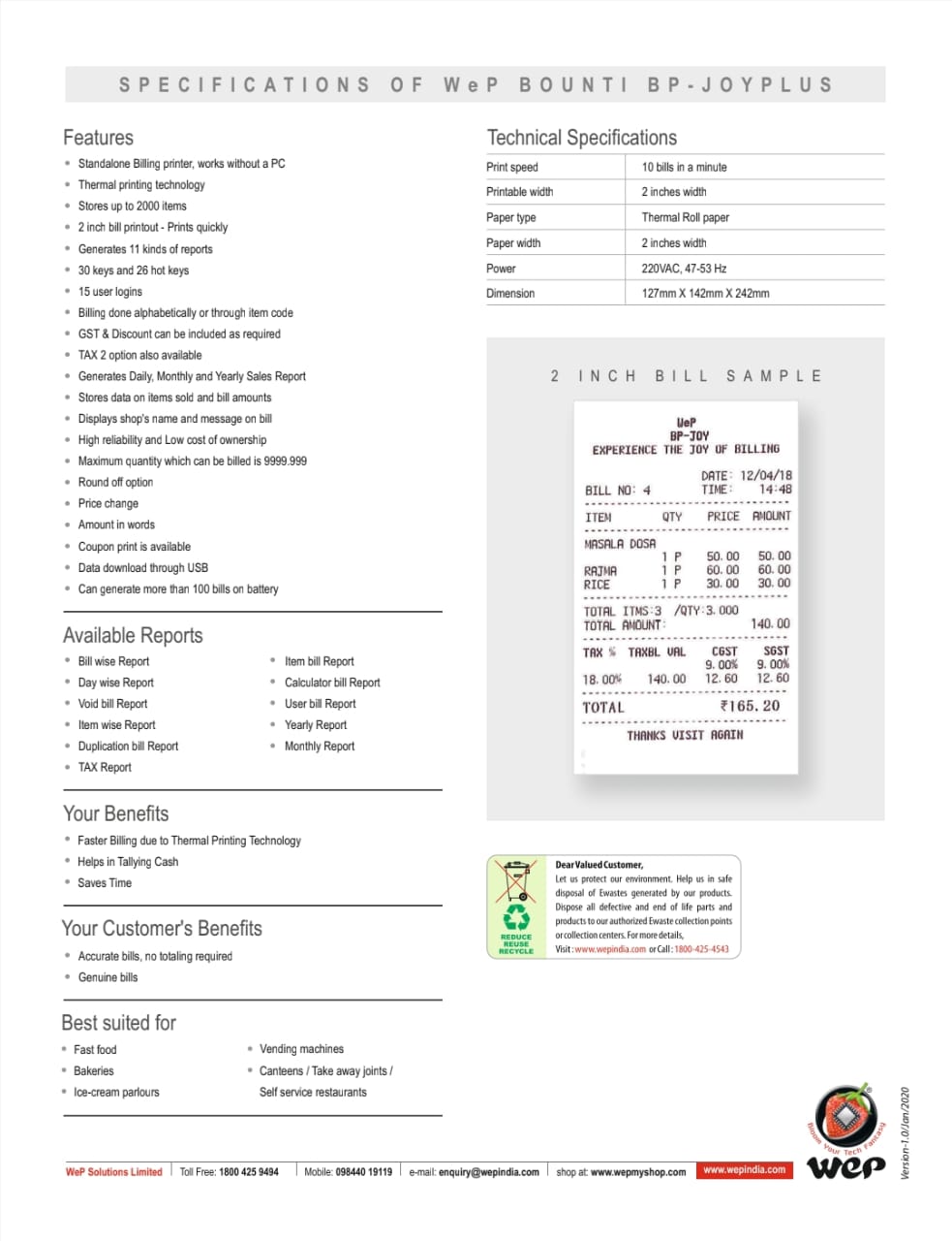Wep BP Joy Plus - Billing Machine